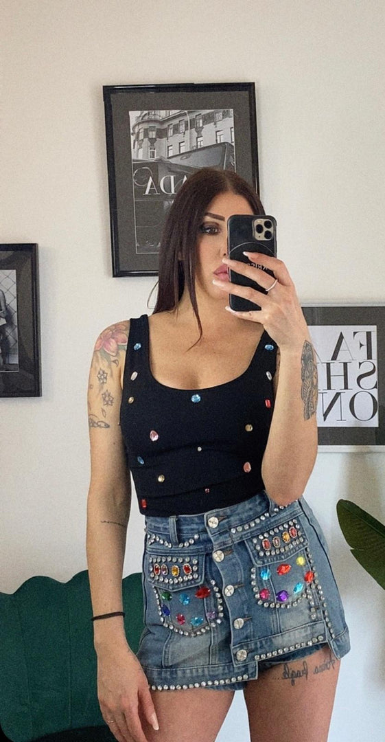 Shorts in Jeans con Strass e Gemme Colorate